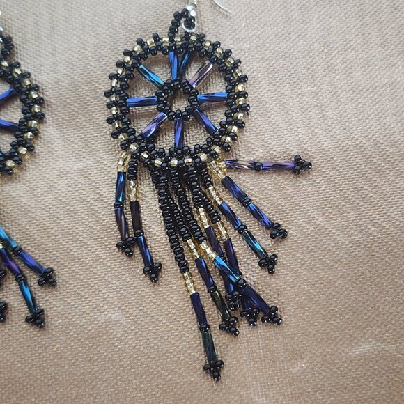 Handmade Beaded Chandelier Shepard's Hook Earrings Black Iridescent and Gold 4" - Picture 9 of 16